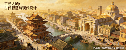 《工艺之城：古代智慧与现代设计》- PG国际与历史考据工作室合作的模拟经营游戏，画面展示唐代长安城与文艺复兴时期佛罗伦萨建筑风格融合的城镇