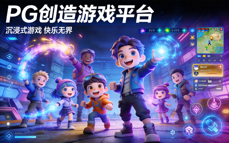 PG创造游戏平台主视觉图 - 展示沉浸式游戏界面与玩家快乐互动场景