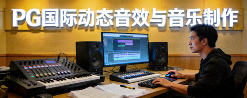 PG国际动态音效与音乐制作 - 展示声音设计师在工作室创作游戏配乐的场景