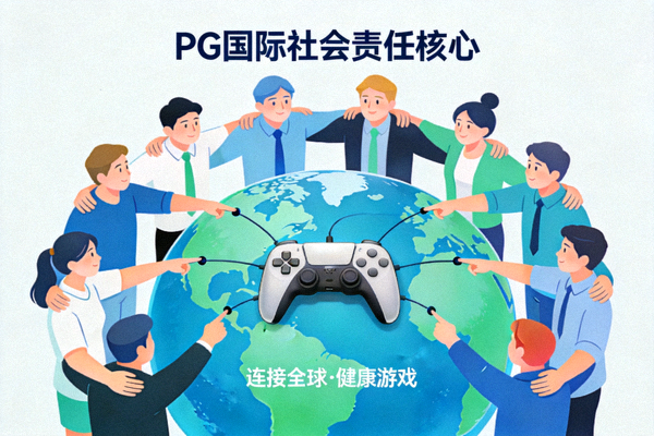 PG国际社会责任核心 - 团队围绕地球与游戏手柄，象征连接全球与健康游戏理念