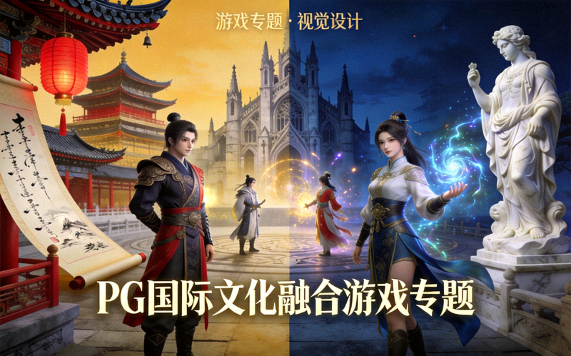 PG国际文化融合游戏专题主视觉图 - 展示东西方文化元素在游戏中和谐交融的场景