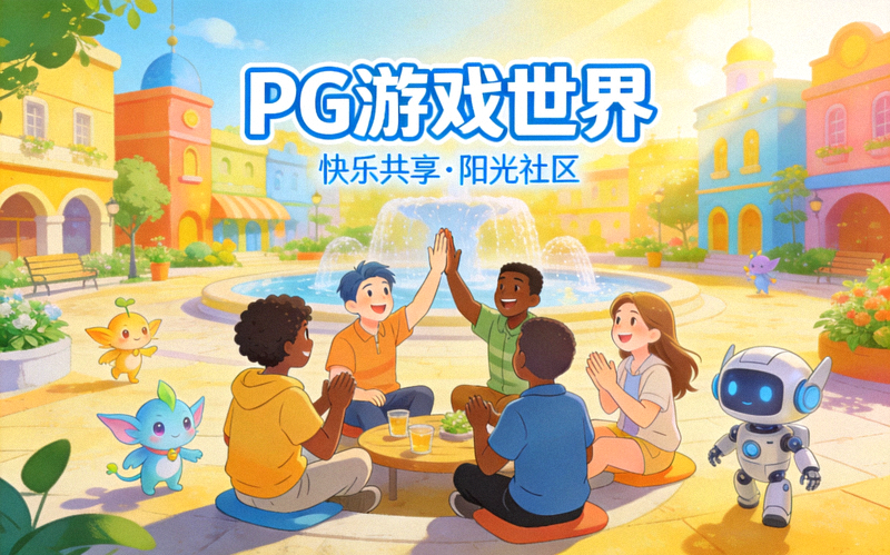 PG游戏世界主视觉图 - 展示快乐、阳光的游戏社区场景