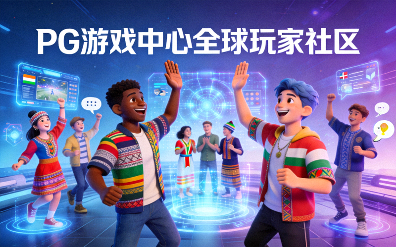 PG游戏中心全球玩家社区概念图 - 展示不同国家和地区的玩家在虚拟世界中欢乐互动的场景