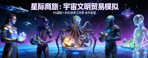 《星际商旅：宇宙文明贸易模拟》- PG国际与科幻世界工作室合作的策略游戏，画面展示不同外星文明基于各自文化特点进行星际贸易的场景
